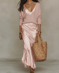 Johanna | Damen Langarm-Midi-Kleid mit Satin-Unterkleid und Strickpullover – Rosa