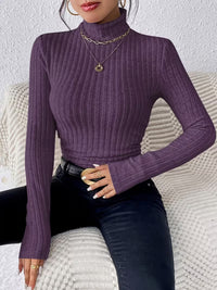 Damen Langarm Rollkragenpullover mit vertikalem Rippmuster – Lila