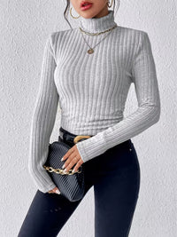 Damen Langarm Rollkragenpullover mit vertikalem Rippmuster – Silbergrau