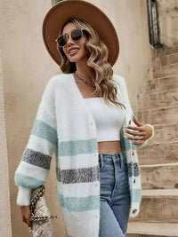 Damen Langarm Strickjacke mit V-Ausschnitt und horizontalen Blockfarben-Streifen – Hellgrün