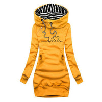 Elfriede | Damen Langarm-Sweatshirt-Kleid mit Herzschlag-Print und Kapuze – Gelb