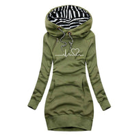 Elfriede | Damen Langarm-Sweatshirt-Kleid mit Herzschlag-Print und Kapuze – Grün