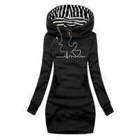Elfriede | Damen Langarm-Sweatshirt-Kleid mit Herzschlag-Print und Kapuze – Schwarz
