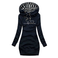 Elfriede | Damen Langarm-Sweatshirt-Kleid mit Herzschlag-Print und Kapuze – Blau