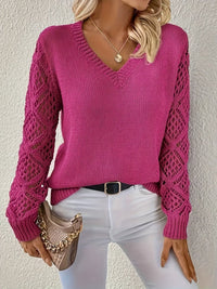 Elisabeth | Damen Langarm V-Ausschnitt Lochstrick Pullover Knit Sweater – Lila