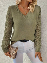 Elisabeth | Damen Langarm V-Ausschnitt Lochstrick Pullover Knit Sweater – Olivgrün