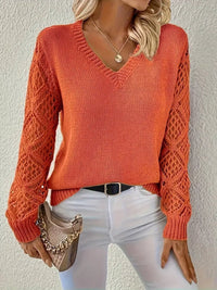 Elisabeth | Damen Langarm V-Ausschnitt Lochstrick Pullover Knit Sweater – Orange
