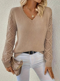 Elisabeth | Damen Langarm V-Ausschnitt Lochstrick Pullover Knit Sweater – Aprikose