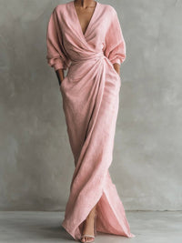 Hannah | Damen Langarmkleid elegantes Maxi-Wickelkleid mit V-Ausschnitt – Rosa