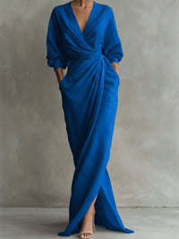 Hannah | Damen Langarmkleid elegantes Maxi-Wickelkleid mit V-Ausschnitt – Blau