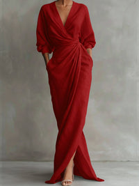 Hannah | Damen Langarmkleid elegantes Maxi-Wickelkleid mit V-Ausschnitt – Rot