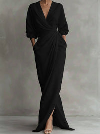 Hannah | Damen Langarmkleid elegantes Maxi-Wickelkleid mit V-Ausschnitt – Schwarz