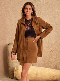 Damen Lange Jacke und Minirock Set mit Hemdkragen und Knopfleiste – Karamell