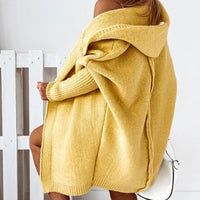 Damen lange Strickjacke mit Kapuze offener Front und strukturierten Bündchen – Gelb