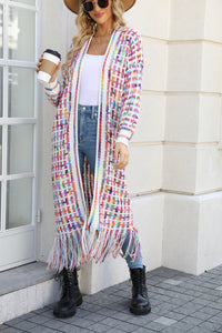 Damen Lange Strickjacke mit Offener Front Fransenabschluss und Mehrfarbigem Muster – Weiß
