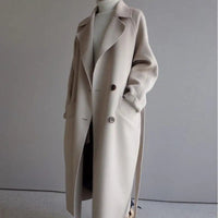 Damen Langer Mantel mit Breitem Reverskragen Zweireihiger Knopfleiste und Taillengürtel – Beige