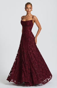 Damen Langes Kleid mit Blumenmuster Spaghettiträgern offenem Rücken und Schnürung – Bordeauxrot