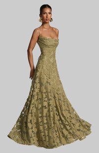 Damen Maxikleid mit Wasserfallausschnitt Spaghettiträgern Blumenmuster und Schnürung am Rücken – Olivgrün