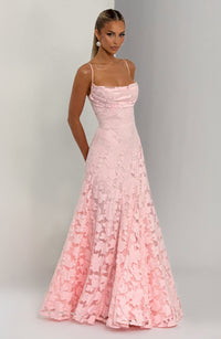 Damen Langes Kleid mit Blumenmuster Spaghettiträgern offenem Rücken und Schnürung – Rosa