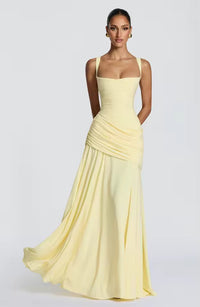 Damen Maxikleid mit Herzausschnitt und asymmetrischer Raffung – Gelb