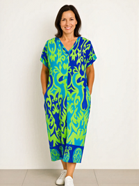 Damen lebendiges luftiges Sommerkleid | Midi – Blau/Green