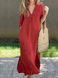 Mia | Damen Leinen-Baumwoll Maxi-Sommerkleid V-Ausschnitt Halbarm – Rot