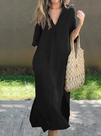 Mia | Damen Leinen-Baumwoll Maxi-Sommerkleid V-Ausschnitt Halbarm – Schwarz