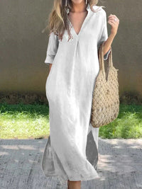 Mia | Damen Leinen-Baumwoll Maxi-Sommerkleid V-Ausschnitt Halbarm – Weiß