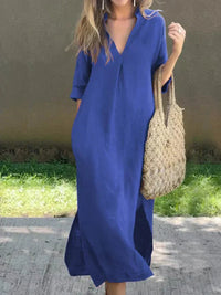 Mia | Damen Leinen-Baumwoll Maxi-Sommerkleid V-Ausschnitt Halbarm – Blau