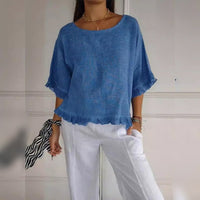 Luisa | Damen Leinen-Bluse mit Rüschenabschluss und Halbarm – Blau