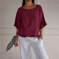 Luisa | Damen Leinen-Bluse mit Rüschenabschluss und Halbarm – Rot