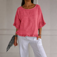 Luisa | Damen Leinen-Bluse mit Rüschenabschluss und Halbarm – Rosa