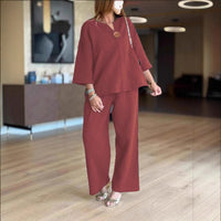 Hannah | Damen Leinen-Tunika Palazzo-Hosen Set Lässiges Zweiteiler-Outfit – Bordeaux