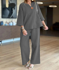 Hannah | Damen Leinen-Tunika Palazzo-Hosen Set Lässiges Zweiteiler-Outfit – Grau