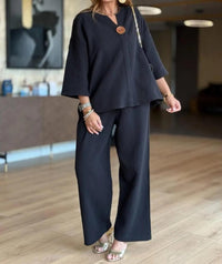 Hannah | Damen Leinen-Tunika Palazzo-Hosen Set Lässiges Zweiteiler-Outfit – Schwarz