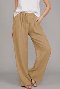 Charlotte | Damen Leinen Wide Leg Pants mit elastischem Kordelzugbund – Khaki