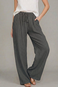 Charlotte | Damen Leinen Wide Leg Pants mit elastischem Kordelzugbund – Dunkelgrau
