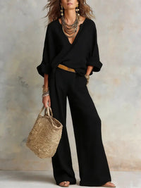 Leonie | Damen Leinenoptik Zweiteiler Relaxed-Fit Wide Leg Pants Set V-Ausschnitt – Schwarz