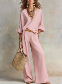 Leonie | Damen Leinenoptik Zweiteiler Relaxed-Fit Wide Leg Pants Set V-Ausschnitt – Rosa