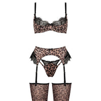 Luisa | Damen Leopardenmuster Spitzen-BH Strumpfgürtel Set – Leo-Muster