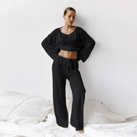 Damen Loungewear-Set mit langärmligem Oberteil Rundhalsausschnitt und weiter Hose – Schwarz