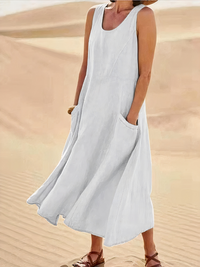 Damen luftiges Sommerkleid mit Taschen | Midi – Beige/Weiß