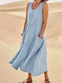 Damen luftiges Sommerkleid mit Taschen | Midi – Himmelblau