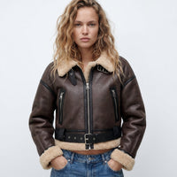 Elfriede | Damen Luxus Doppelseitige Lammfell Bomber Jacke – Braun