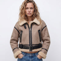 Elfriede | Damen Luxus Doppelseitige Lammfell Bomber Jacke – Khaki