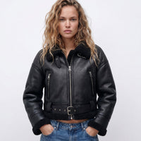 Elfriede | Damen Luxus Doppelseitige Lammfell Bomber Jacke – Schwarz