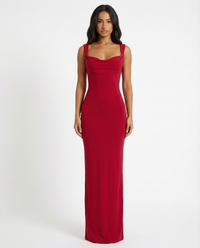 Damen Maxi Kleid mit Cowl Ausschnitt breiten Schulterträgern und geradem Saum – Rot