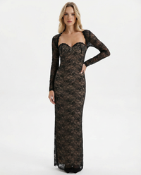 Damen Maxi Kleid mit Herzausschnitt abnehmbaren langen Ärmeln und floralem Spitzenmuster – Schwarz