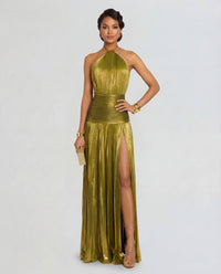 Damen Maxi Kleid mit Neckholder Ausschnitt und Beinschlitz – Grün