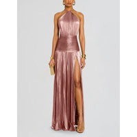 Damen Maxi Kleid mit Neckholder Ausschnitt und Beinschlitz – Rosa